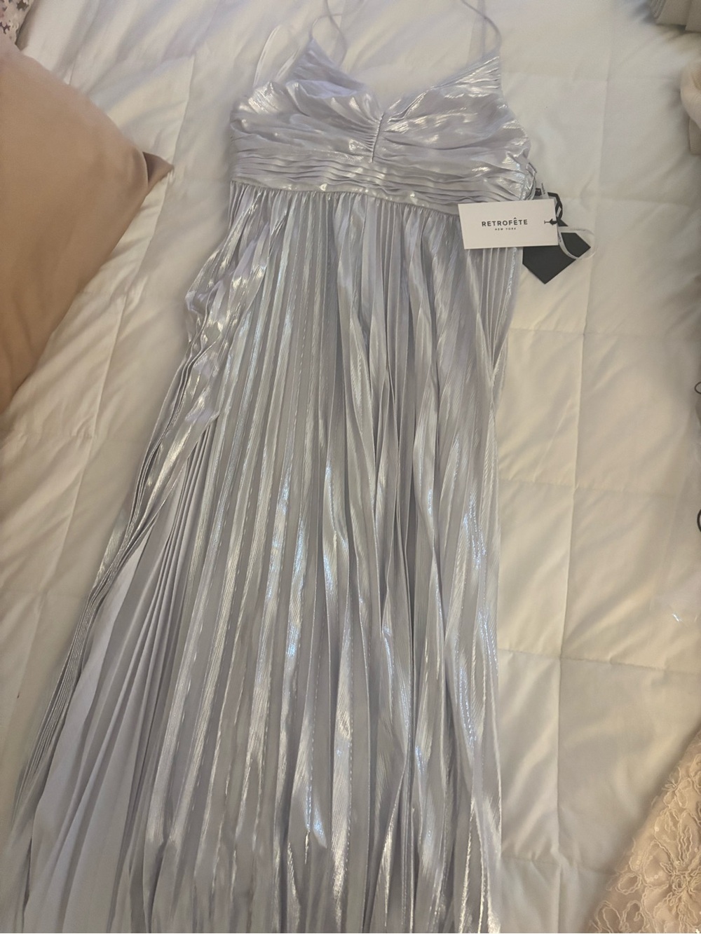 Retrofete Silver Metallic Pleated Maxi Dress
